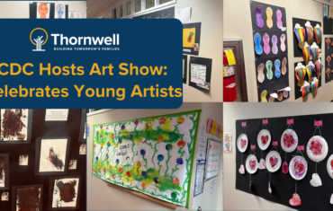 Banner for Thornwell's CDC Hosts Art Show: Celebrates Young Artists with a collage of children's artwork on display.