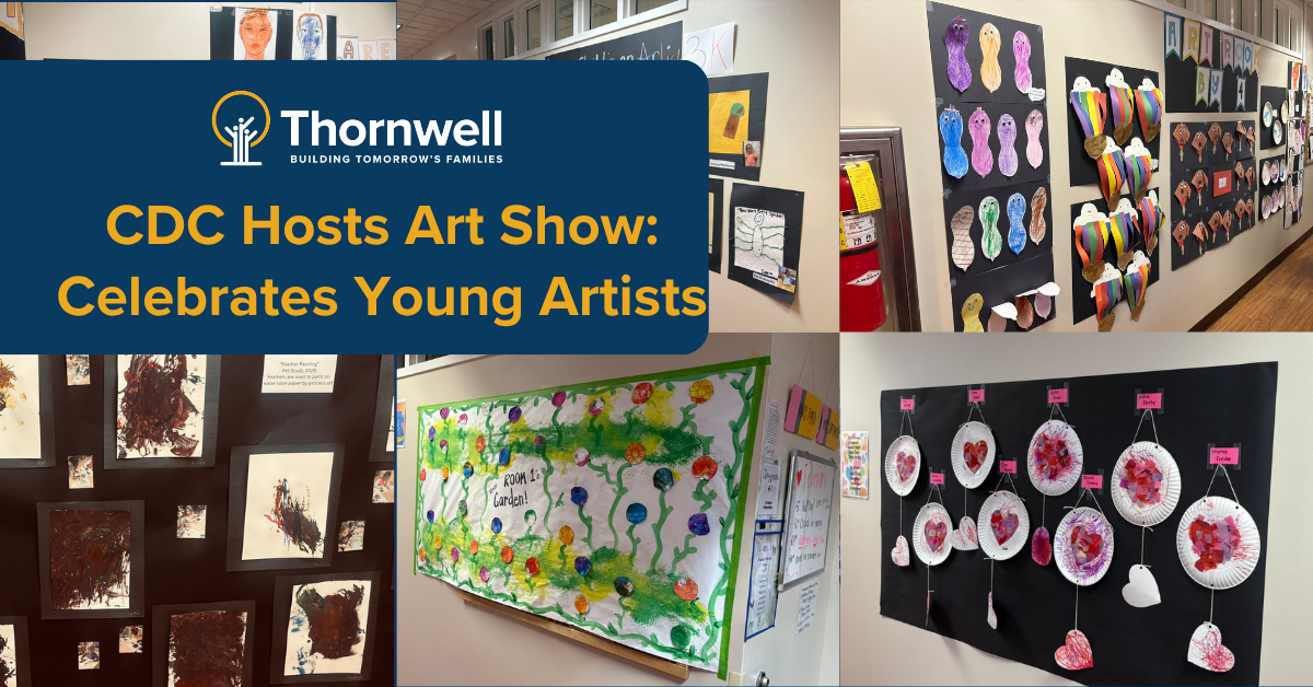 Banner for Thornwell's CDC Hosts Art Show: Celebrates Young Artists with a collage of children's artwork on display.