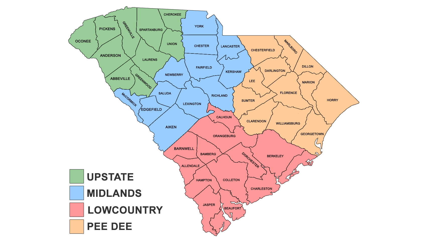 Color-coded map of South Carolina counties by region: Upstate (green), Midlands (blue), Lowcountry (pink), Pee Dee (peach) with county labels-to identify each county per region.